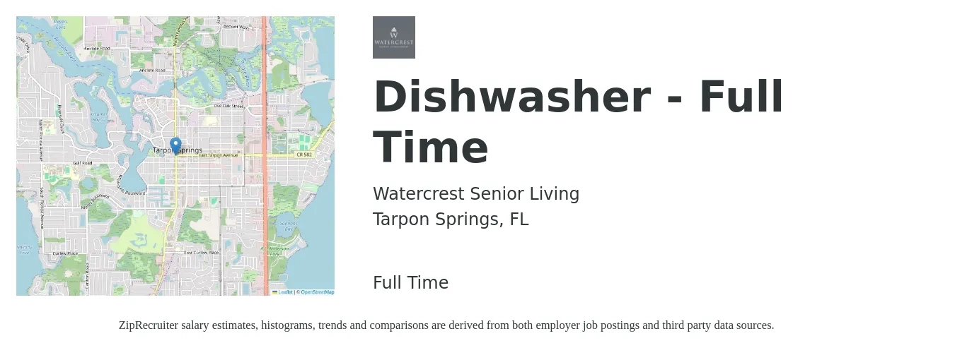 Watercrest Senior Living job posting for a Dishwasher - Full Time in Tarpon Springs, FL with a salary of $11 to $14 Hourly with a map of Tarpon Springs location.