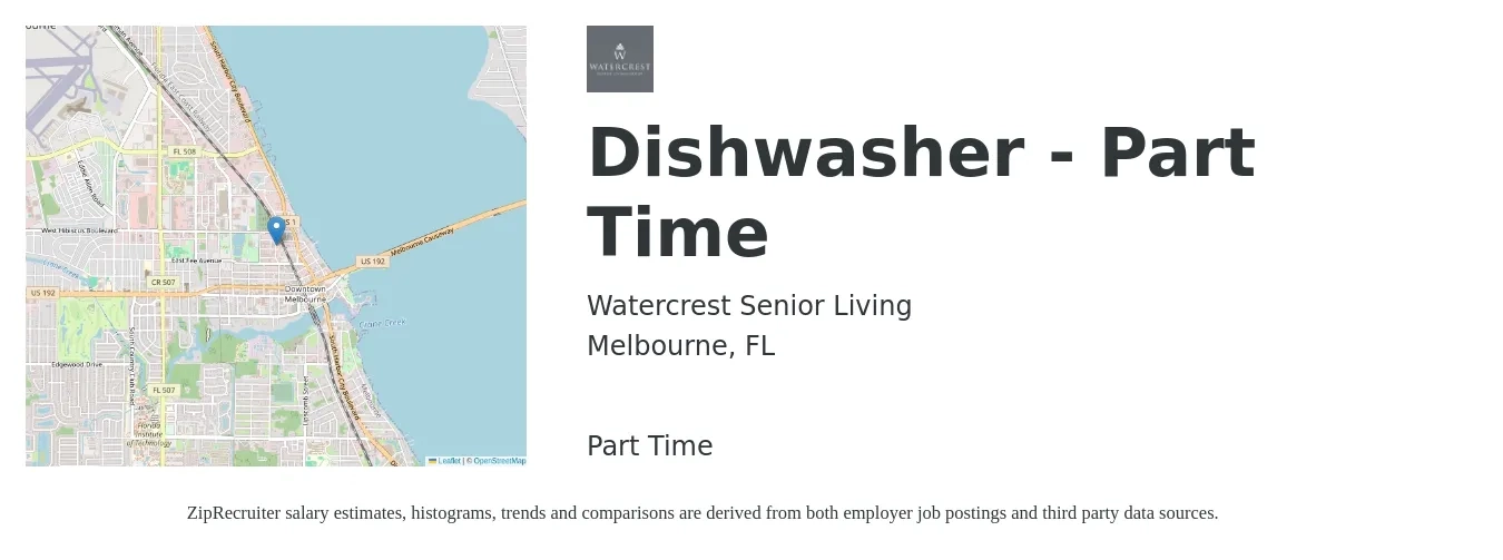 Watercrest Senior Living job posting for a Dishwasher - Part Time in Melbourne, FL with a salary of $12 to $16 Hourly with a map of Melbourne location.