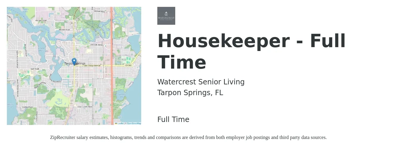 Watercrest Senior Living job posting for a Housekeeper - Full Time in Tarpon Springs, FL with a salary of $12 to $16 Hourly with a map of Tarpon Springs location.