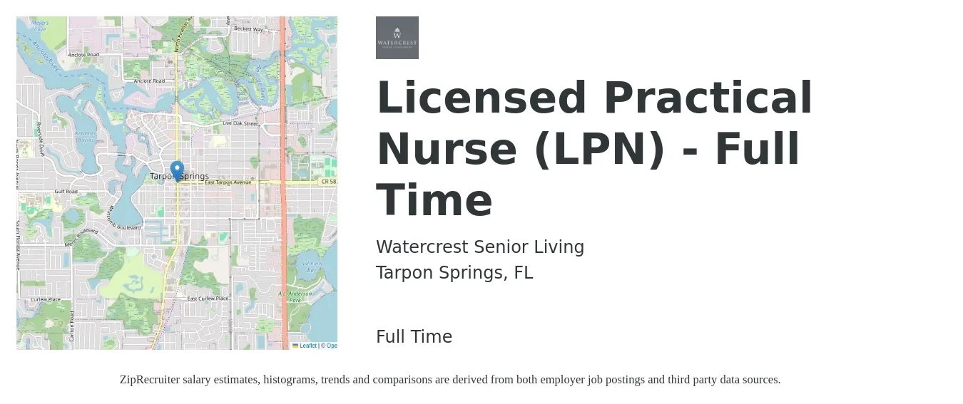 Watercrest Senior Living job posting for a Licensed Practical Nurse (LPN) - Full Time in Tarpon Springs, FL with a salary of $22 to $30 Hourly with a map of Tarpon Springs location.