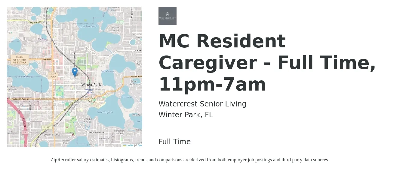Watercrest Senior Living job posting for a MC Resident Caregiver - Full Time, 11pm-7am in Winter Park, FL with a salary of $14 to $17 Hourly with a map of Winter Park location.