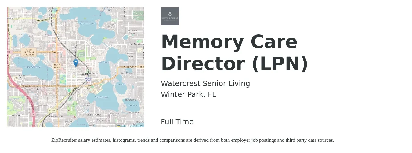 Watercrest Senior Living job posting for a Memory Care Director (LPN) in Winter Park, FL with a salary of $48,800 to $75,100 Yearly with a map of Winter Park location.