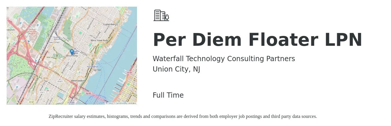 Waterfall Technology Consulting Partners job posting for a Per Diem Floater LPN in Union City, NJ with a salary of $28 to $38 Hourly with a map of Union City location.