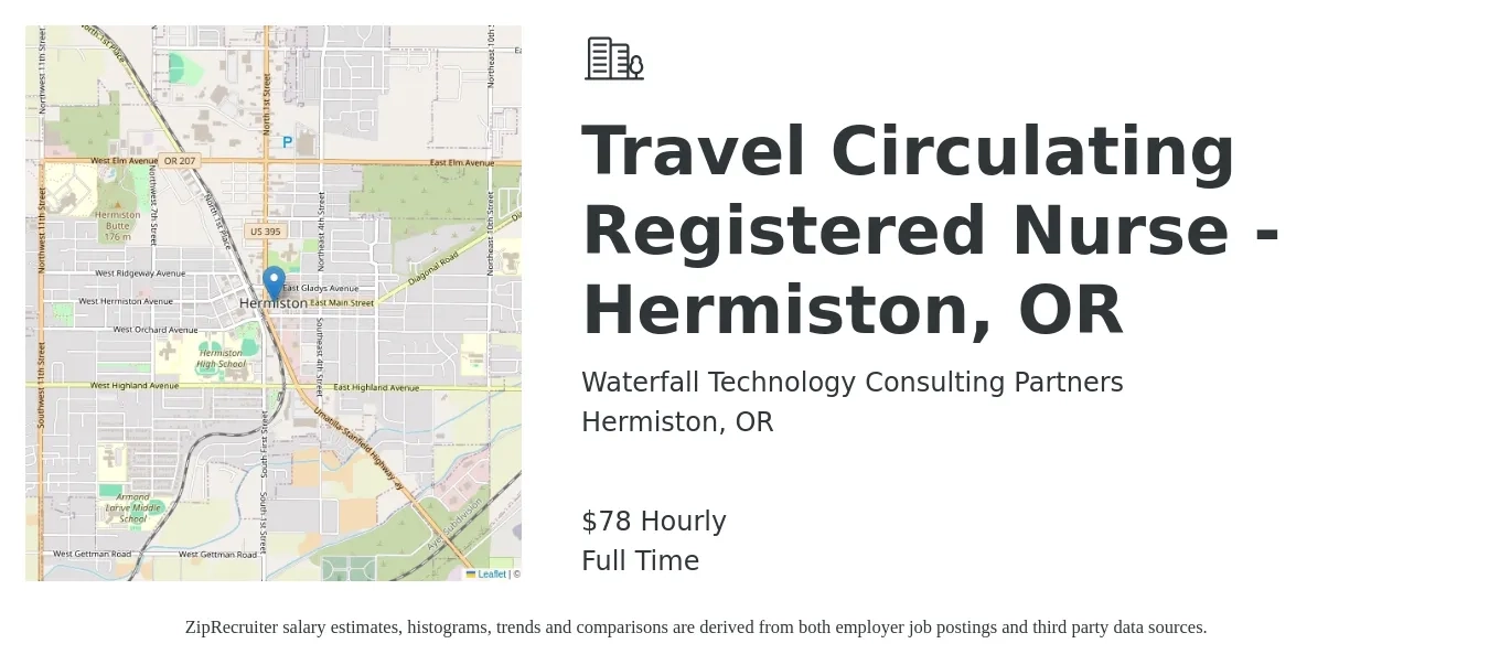Waterfall Technology Consulting Partners job posting for a Travel Circulating Registered Nurse - Hermiston, OR in Hermiston, OR with a salary of $82 Hourly with a map of Hermiston location.