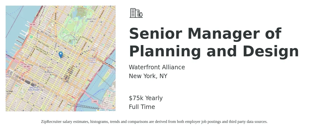 Waterfront Alliance job posting for a Senior Manager of Planning and Design in New York, NY with a salary of $75,000 Yearly with a map of New York location.