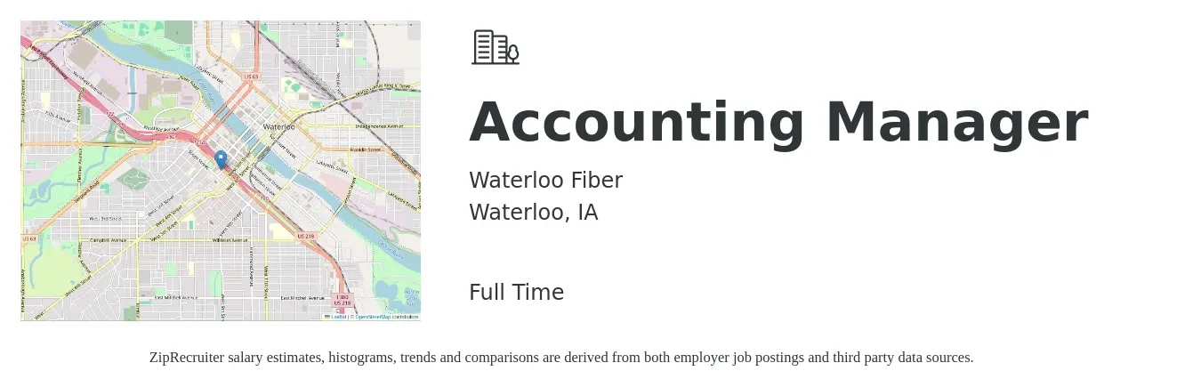 Waterloo Fiber job posting for a Accounting Manager in Waterloo, IA with a salary of $72,300 to $103,900 Yearly with a map of Waterloo location.