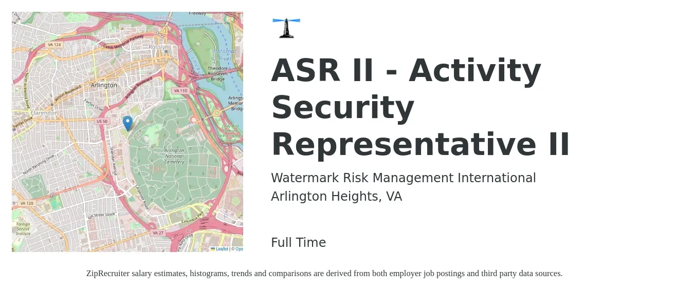 Watermark Risk Management International job posting for a ASR II - Activity Security Representative II in Arlington Heights, VA with a salary of $20 to $23 Hourly with a map of Arlington Heights location.