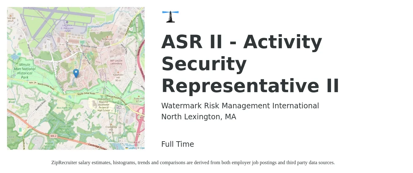 Watermark Risk Management International job posting for a ASR II - Activity Security Representative II in North Lexington, MA with a salary of $19 to $22 Hourly with a map of North Lexington location.