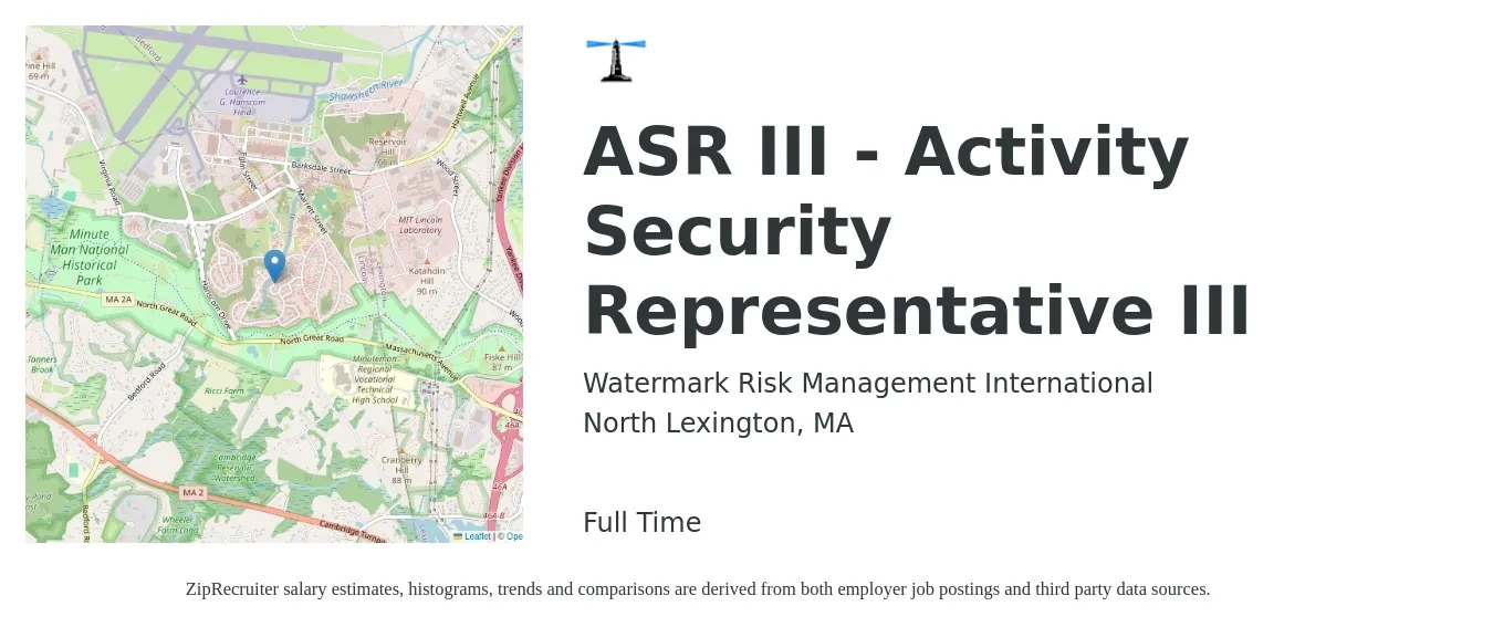 Watermark Risk Management International job posting for a ASR III - Activity Security Representative III in North Lexington, MA with a salary of $19 to $22 Hourly with a map of North Lexington location.