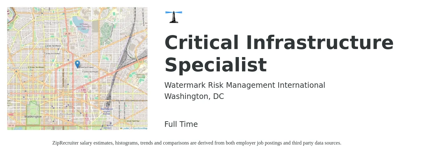 Watermark Risk Management International job posting for a Critical Infrastructure Specialist in Washington, DC with a salary of $69,300 to $105,000 Yearly with a map of Washington location.