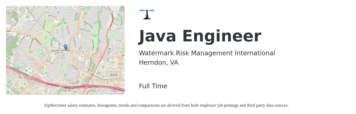Watermark Risk Management International job posting for a Java Engineer in Herndon, VA with a salary of $53 to $73 Hourly with a map of Herndon location.