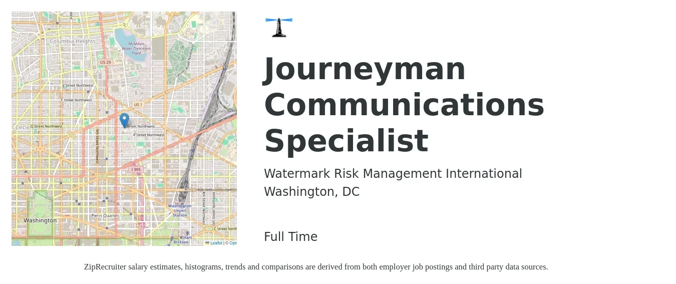 Watermark Risk Management International job posting for a Journeyman Communications Specialist in Washington, DC with a salary of $57,000 to $75,700 Yearly with a map of Washington location.