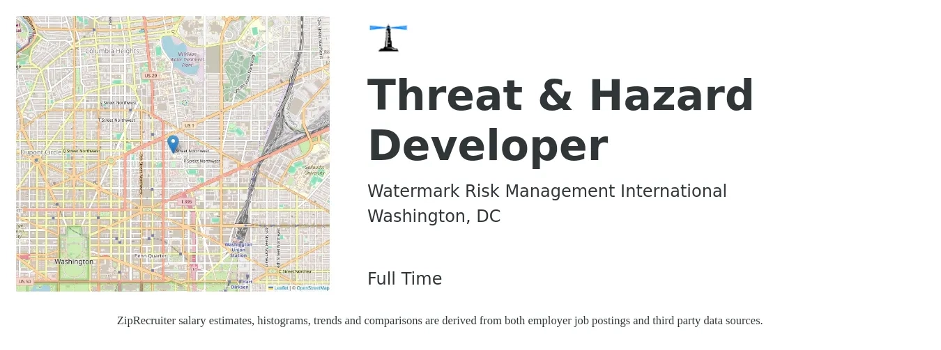 Watermark Risk Management International job posting for a Threat & Hazard Developer in Washington, DC with a salary of $58 to $74 Hourly with a map of Washington location.