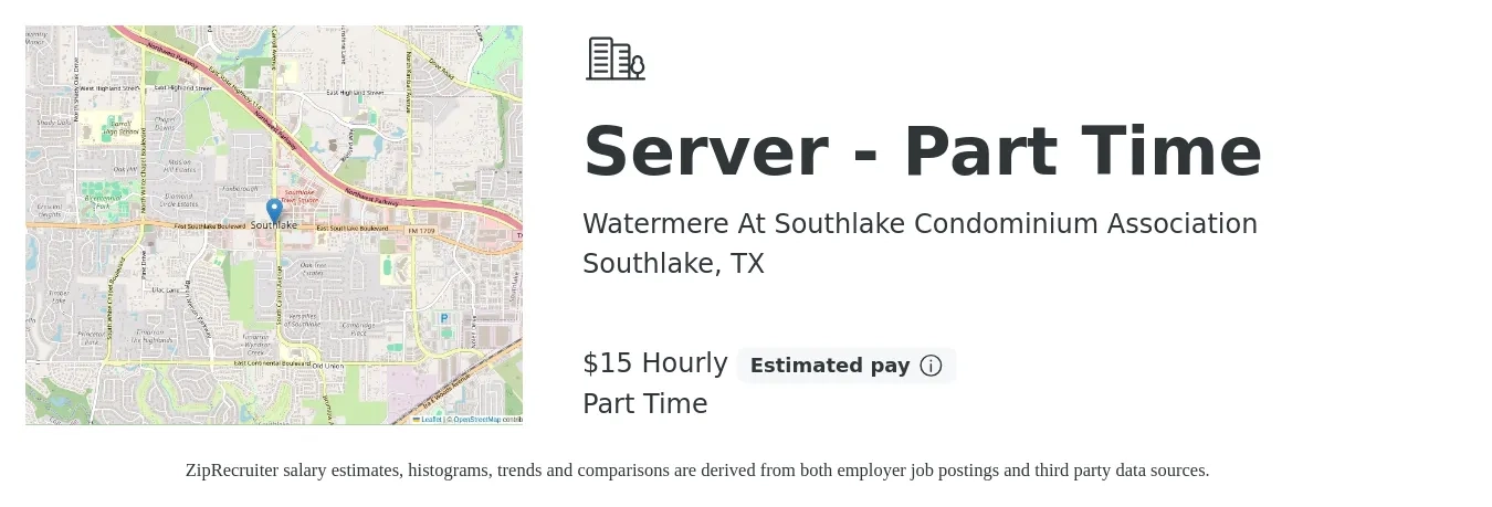 Watermere At Southlake Condominium Association job posting for a Server - Part Time in Southlake, TX with a salary of $16 Hourly with a map of Southlake location.
