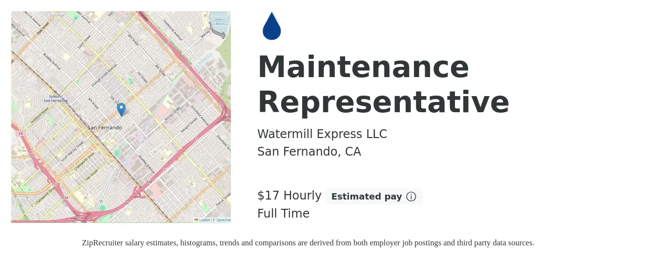 Watermill Express LLC job posting for a Maintenance Representative in San Fernando, CA with a salary of $18 Hourly with a map of San Fernando location.