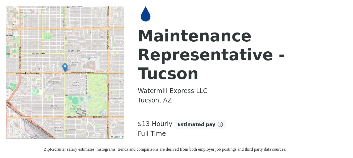 Watermill Express LLC job posting for a Maintenance Representative - Tucson in Tucson, AZ with a salary of $14 Hourly with a map of Tucson location.