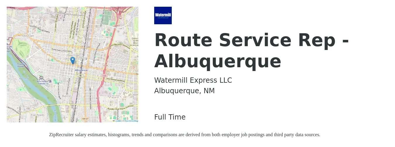 Watermill Express LLC job posting for a Route Service Rep - Albuquerque in Albuquerque, NM with a salary of $18 to $20 Hourly with a map of Albuquerque location.