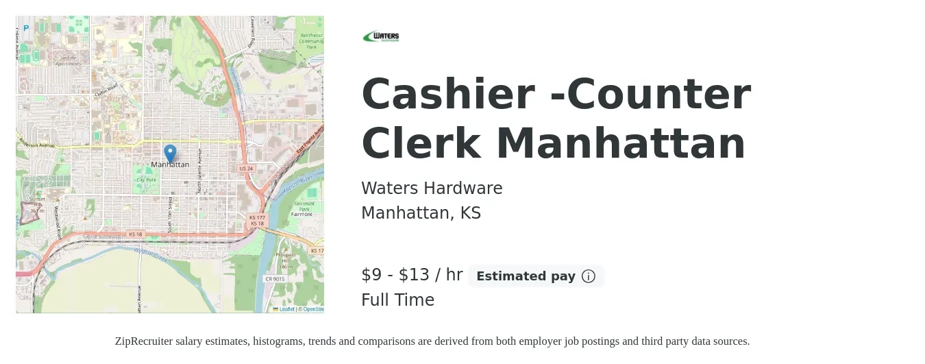 Waters Hardware job posting for a Cashier -Counter Clerk Manhattan in Manhattan, KS with a salary of $10 to $14 Hourly with a map of Manhattan location.