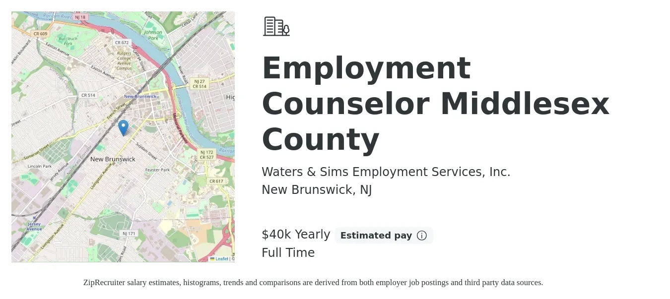 Waters & Sims Employment Services, Inc. job posting for a Employment Counselor Middlesex County in New Brunswick, NJ with a salary of $40,500 Yearly with a map of New Brunswick location.