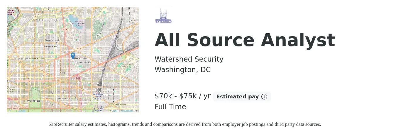 Watershed Security job posting for a All Source Analyst in Washington, DC with a salary of $70,000 to $75,000 Yearly with a map of Washington location.