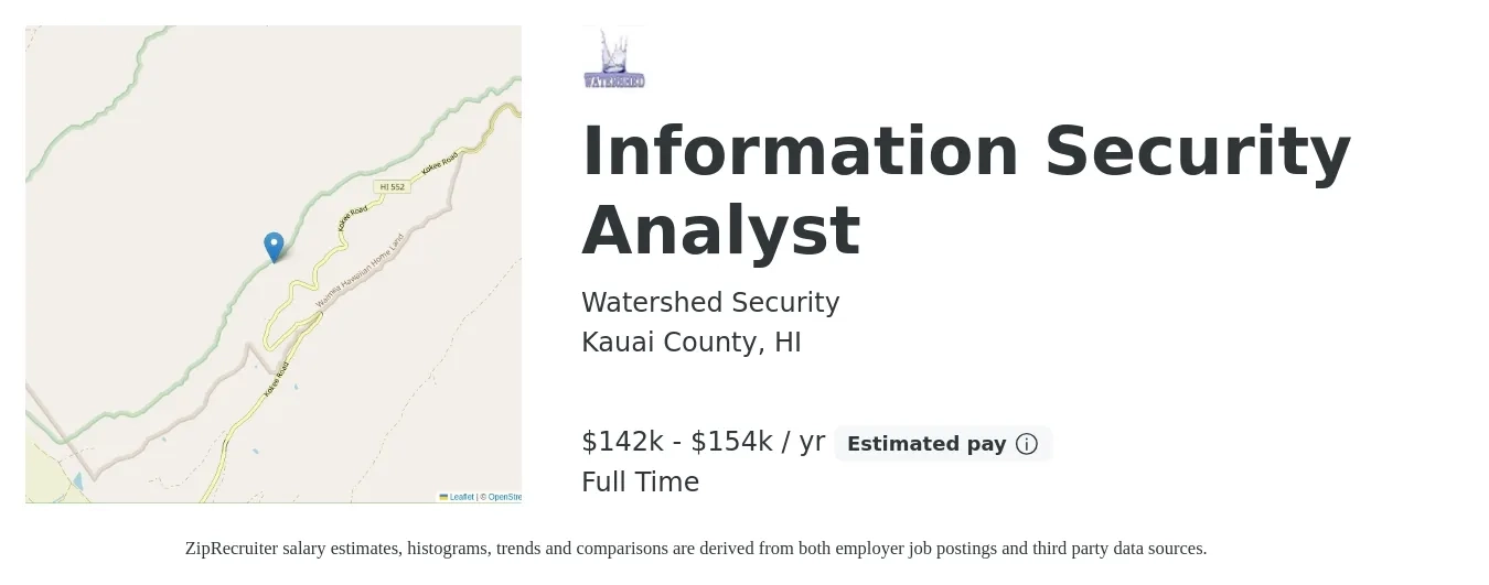 Watershed Security job posting for a Information Security Analyst in Kauai County, HI with a salary of $142,000 to $154,999 Yearly with a map of Kauai County location.