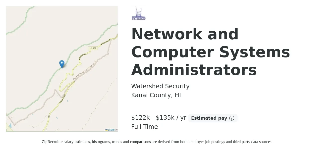 Watershed Security job posting for a Network and Computer Systems Administrators in Kauai County, HI with a salary of $122,998 to $135,001 Yearly with a map of Kauai County location.