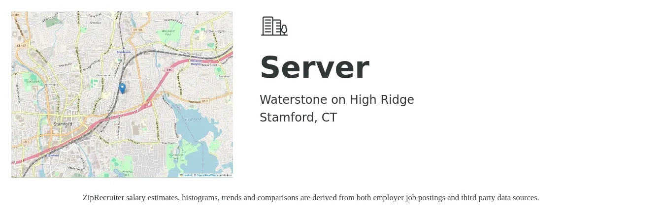 Waterstone on High Ridge job posting for a Server in Stamford, CT with a salary of $12 to $19 Hourly with a map of Stamford location.