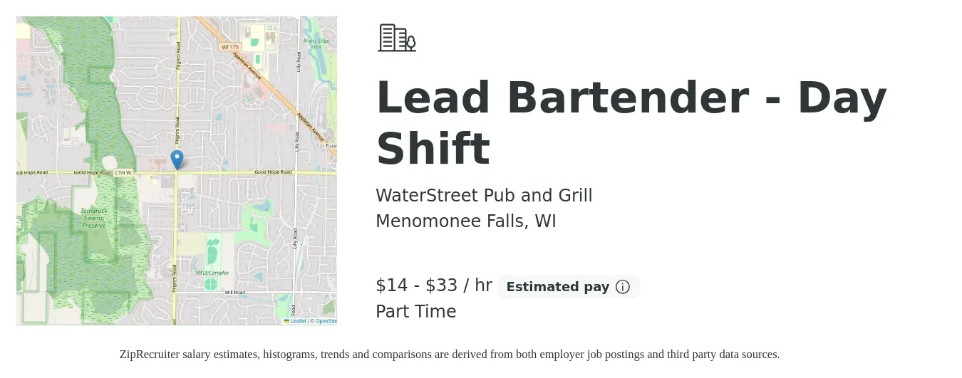 WaterStreet Pub and Grill job posting for a Lead Bartender - Day Shift in Menomonee Falls, WI with a salary of $15 to $35 Hourly with a map of Menomonee Falls location.