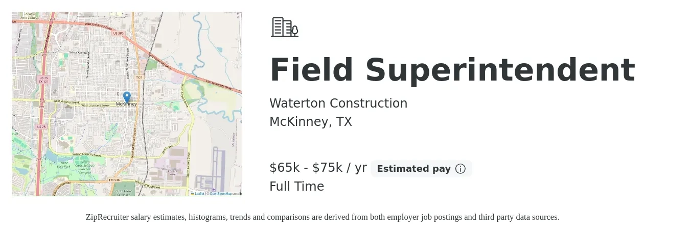 Waterton Construction job posting for a Field Superintendent in McKinney, TX with a salary of $65,000 to $75,000 Yearly with a map of McKinney location.