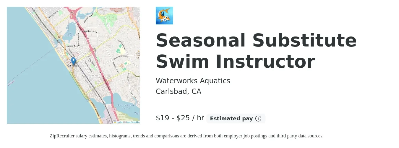 Waterworks Aquatics job posting for a Seasonal Substitute Swim Instructor in Carlsbad, CA with a salary of $20 to $27 Hourly with a map of Carlsbad location.