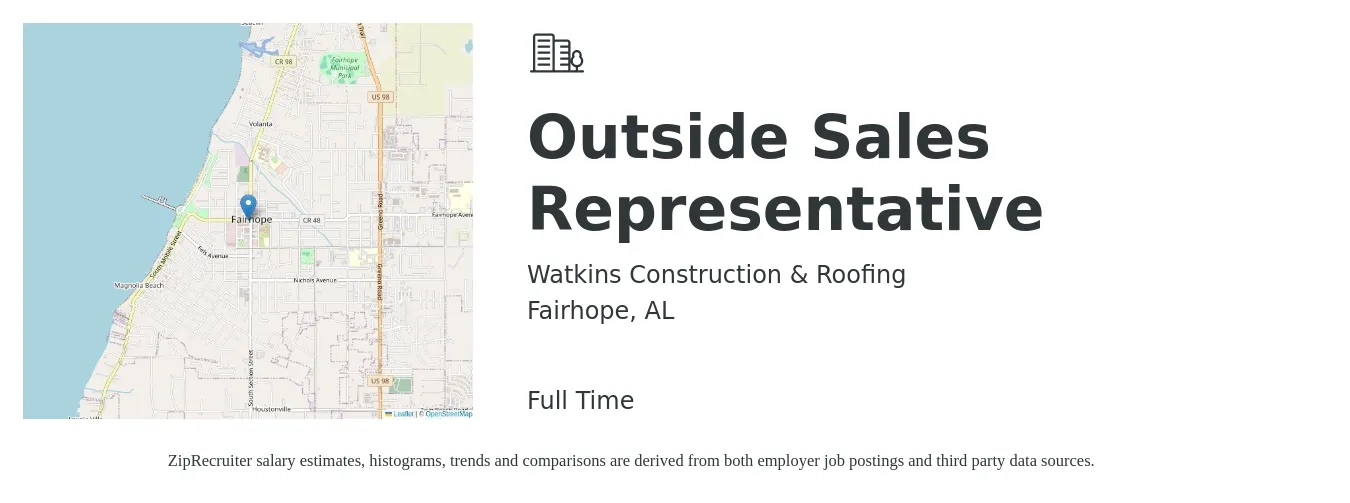 Watkins Construction & Roofing job posting for a Outside Sales Representative in Fairhope, AL with a salary of $49,600 to $85,100 Yearly with a map of Fairhope location.