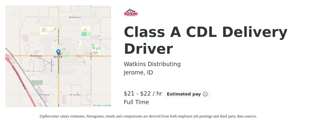 Watkins Distributing job posting for a Class A CDL Delivery Driver in Jerome, ID with a salary of $22 to $23 Hourly with a map of Jerome location.