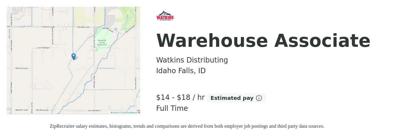 Watkins Distributing job posting for a Warehouse Associate in Idaho Falls, ID with a salary of $11 Hourly with a map of Idaho Falls location.