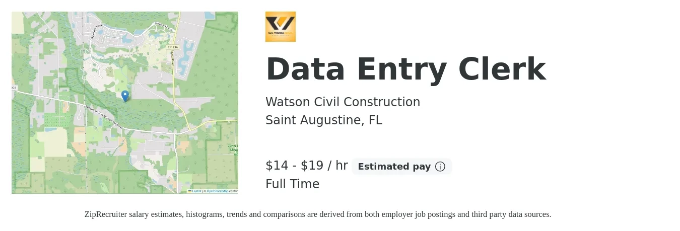 Watson Civil Construction job posting for a Data Entry Clerk in Saint Augustine, FL with a salary of $15 to $20 Hourly with a map of Saint Augustine location.