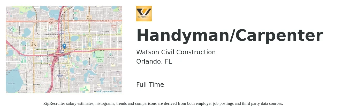 Watson Civil Construction job posting for a Handyman/Carpenter in Orlando, FL with a salary of $20 to $28 Hourly with a map of Orlando location.