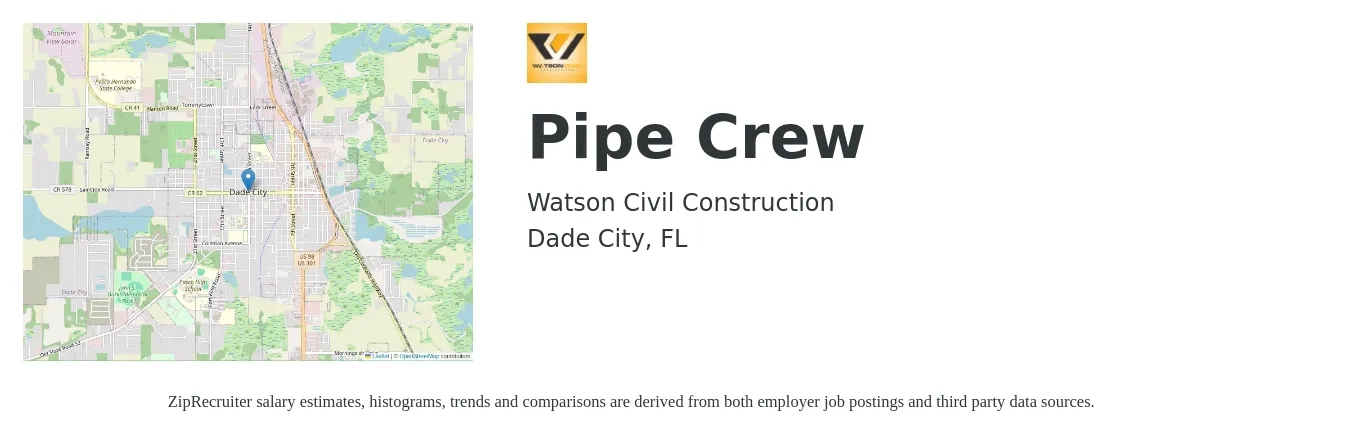 Watson Civil Construction job posting for a Pipe Crew in Dade City, FL with a salary of $16 to $22 Hourly with a map of Dade City location.