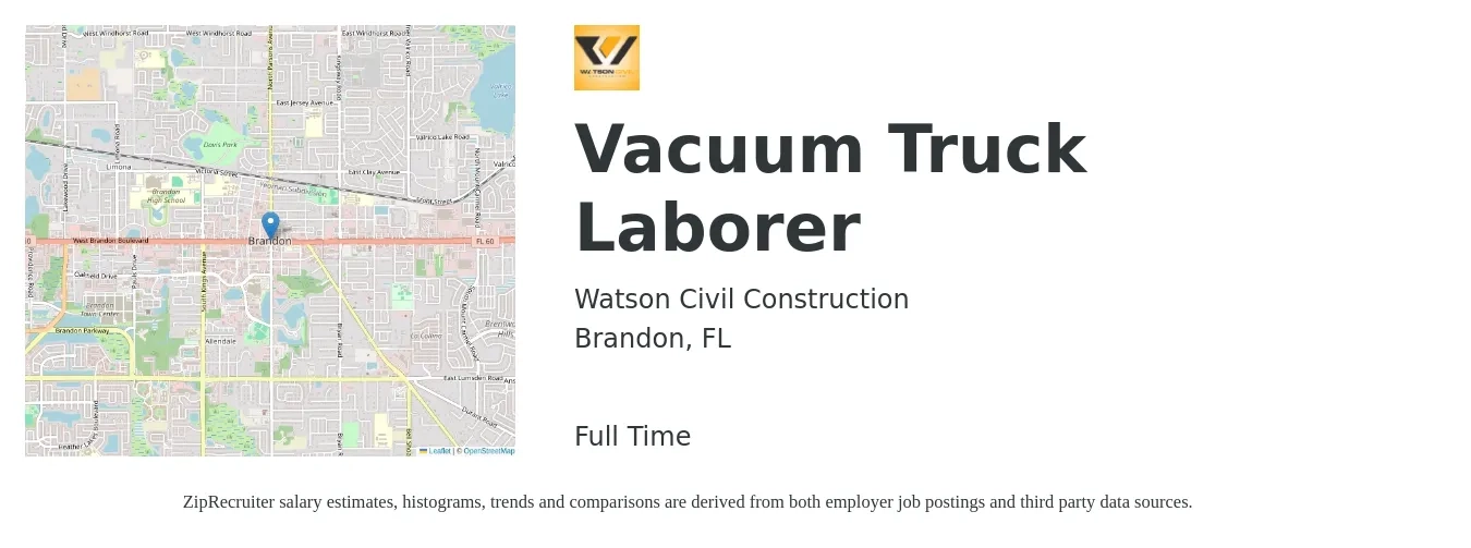 Watson Civil Construction job posting for a Vacuum Truck Laborer in Brandon, FL with a map of Brandon location.