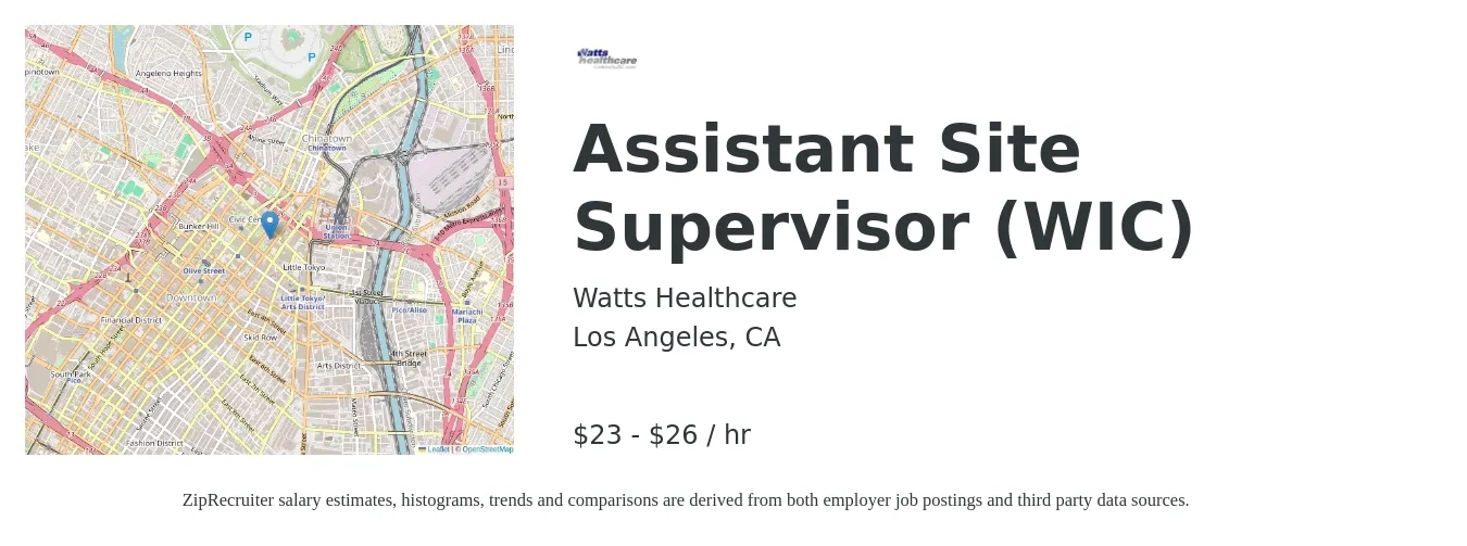 Watts Healthcare Corporation job posting for a Assistant Site Supervisor (WIC) in Los Angeles, CA with a salary of $24 to $28 Hourly with a map of Los Angeles location.