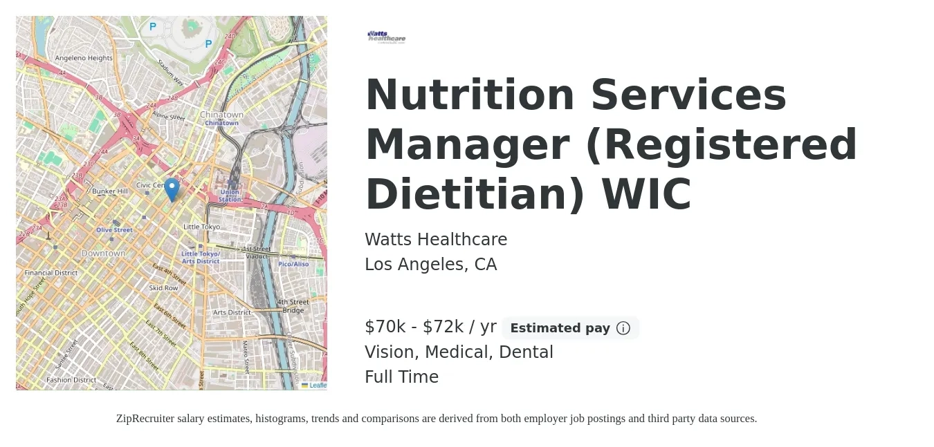 Watts Healthcare job posting for a Nutrition Services Manager (Registered Dietitian) WIC in Los Angeles, CA with a salary of $62,400 to $65,520 Yearly and benefits including life_insurance, medical, vision, 401k, and dental with a map of Los Angeles location.
