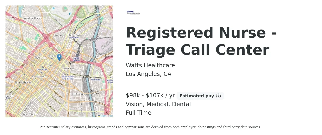 Watts Healthcare Corporation job posting for a Registered Nurse - Triage Call Center in Los Angeles, CA with a salary of $28 to $48 Hourly with a map of Los Angeles location.