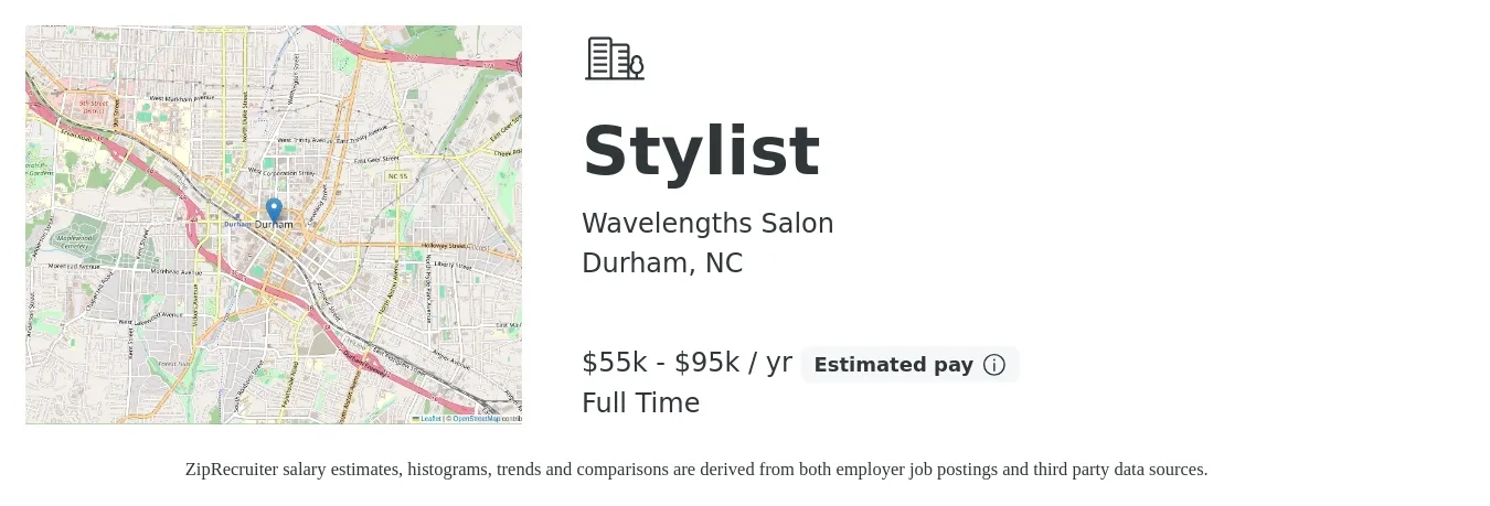 Wavelengths Salon job posting for a Stylist in Durham, NC with a salary of $55,000 to $95,000 Yearly with a map of Durham location.