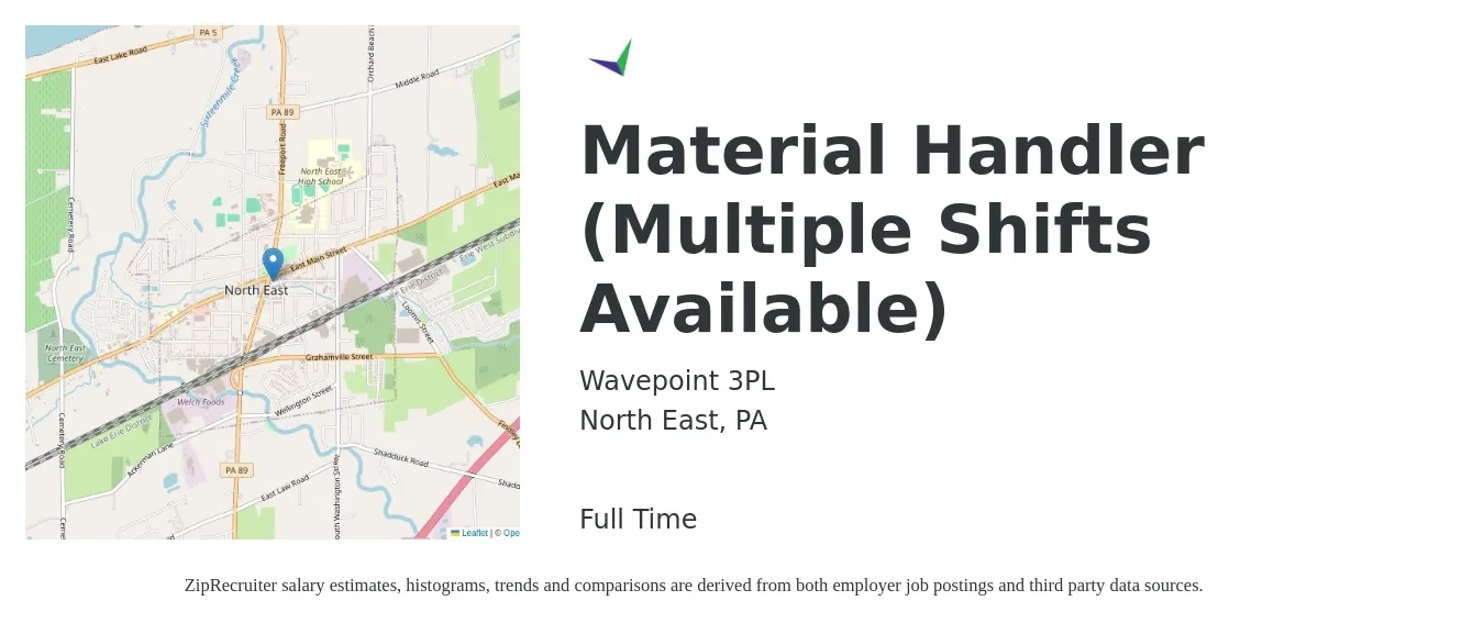 Wavepoint 3PL job posting for a Material Handler (Multiple Shifts Available) in North East, PA with a salary of $16 to $19 Hourly with a map of North East location.