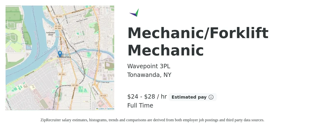 Wavepoint 3PL job posting for a Mechanic/Forklift Mechanic in Tonawanda, NY with a salary of $25 to $30 Hourly with a map of Tonawanda location.