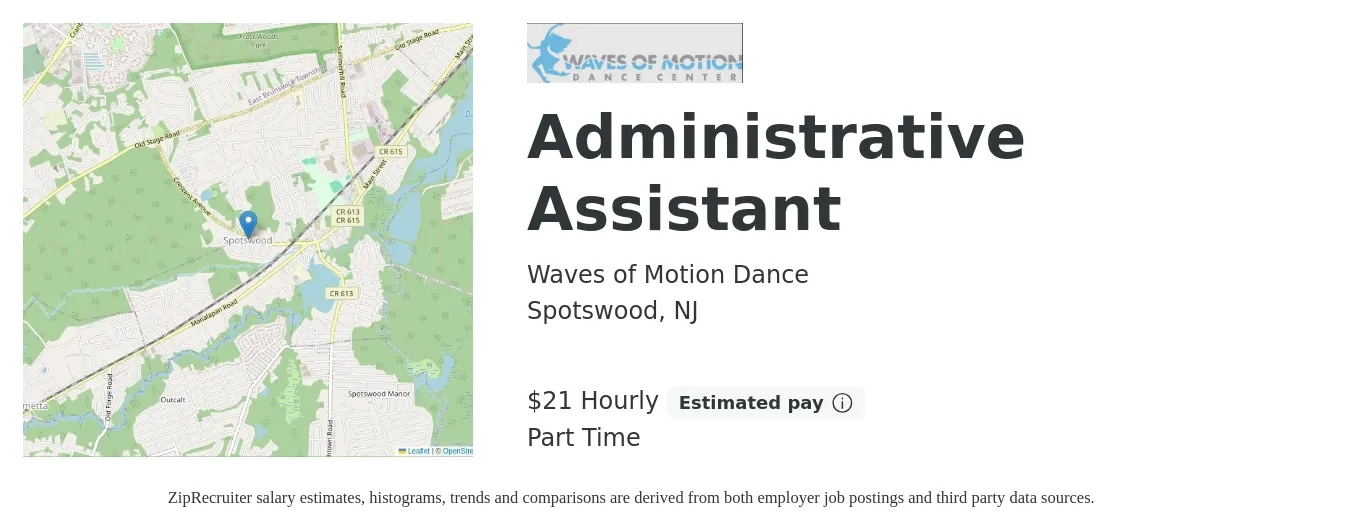Waves of Motion Dance job posting for a Administrative Assistant in Spotswood, NJ with a salary of $22 Hourly and benefits including pto with a map of Spotswood location.