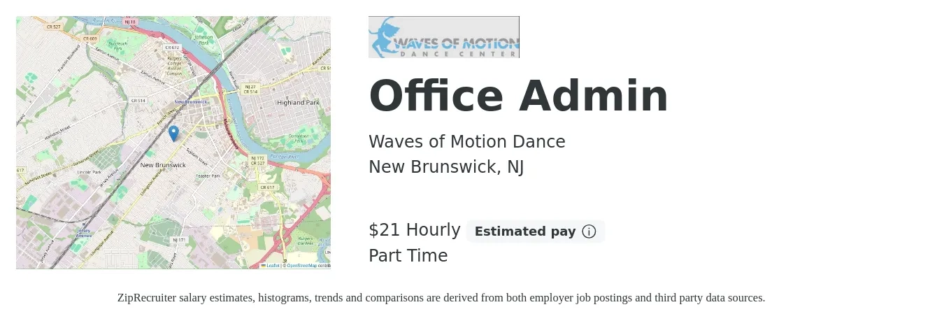 Waves of Motion Dance job posting for a Office Admin in New Brunswick, NJ with a salary of $22 Hourly and benefits including pto with a map of New Brunswick location.