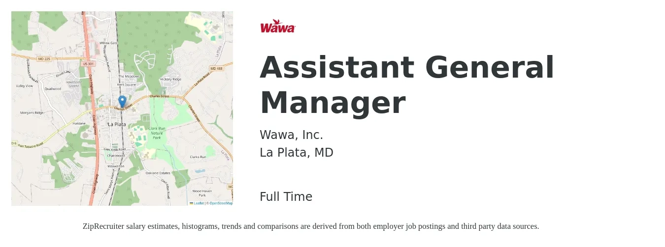 Wawa, Inc. job posting for a Assistant General Manager in La Plata, MD with a salary of $16 to $25 Hourly with a map of La Plata location.