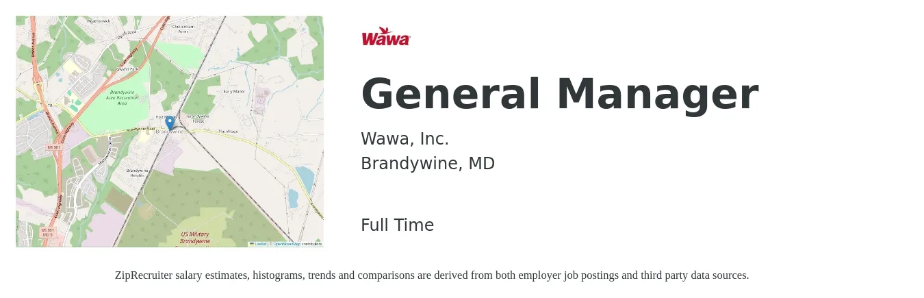 Wawa, Inc. job posting for a General Manager in Brandywine, MD with a salary of $49,600 to $74,100 Yearly with a map of Brandywine location.