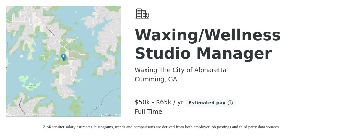 Waxing The City of Alpharetta job posting for a Waxing/Wellness Studio Manager in Cumming, GA with a salary of $50,000 to $65,000 Yearly with a map of Cumming location.
