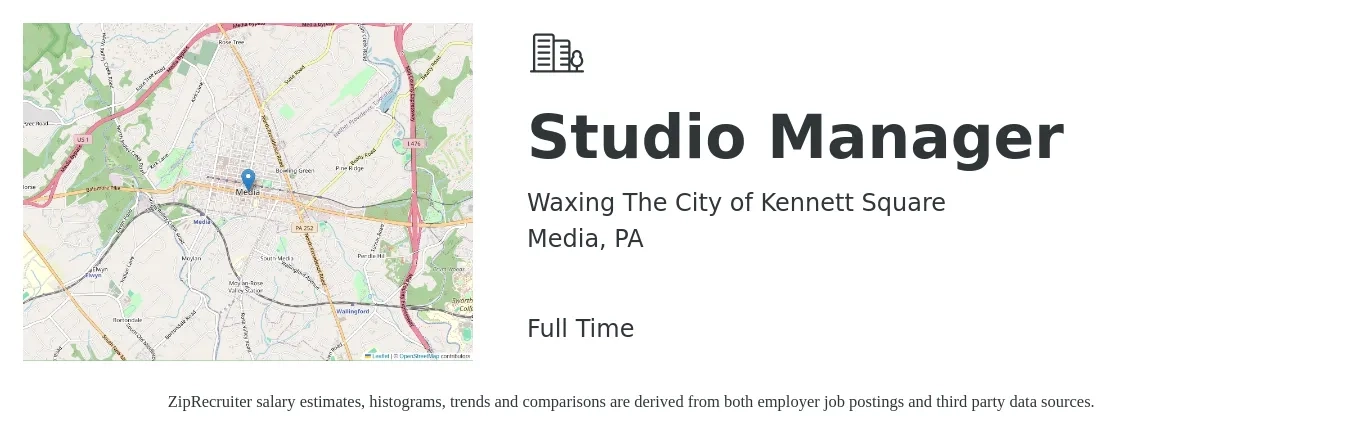 Waxing The City of Kennett Square job posting for a Studio Manager in Media, PA with a salary of $41,800 to $59,700 Yearly with a map of Media location.
