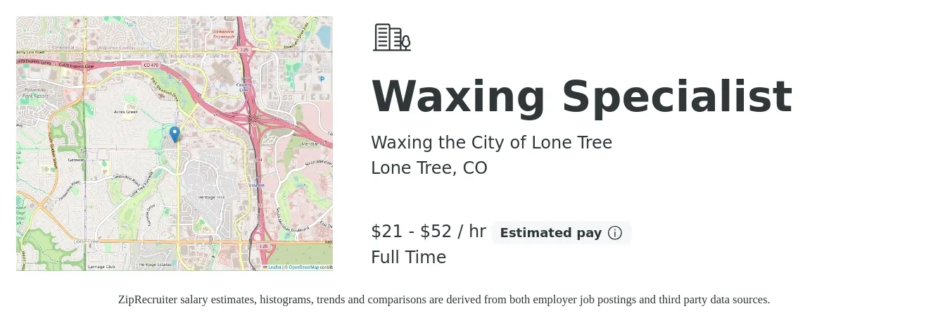 Waxing the City of Lone Tree job posting for a Waxing Specialist in Lone Tree, CO with a salary of $22 to $55 Hourly with a map of Lone Tree location.